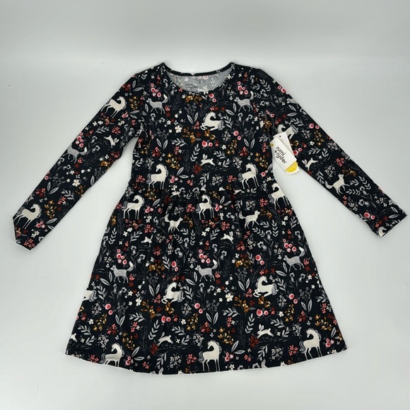 Girl Unicorn Fox Flora Black Flare Dress - Picture 1 of 8